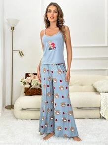 Cartoon Graphic Cami Top & Bow Front Trousers PJ Set - Blue - View 4