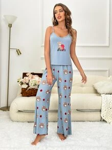 Cartoon Graphic Cami Top & Bow Front Trousers PJ Set - Blue - View 5