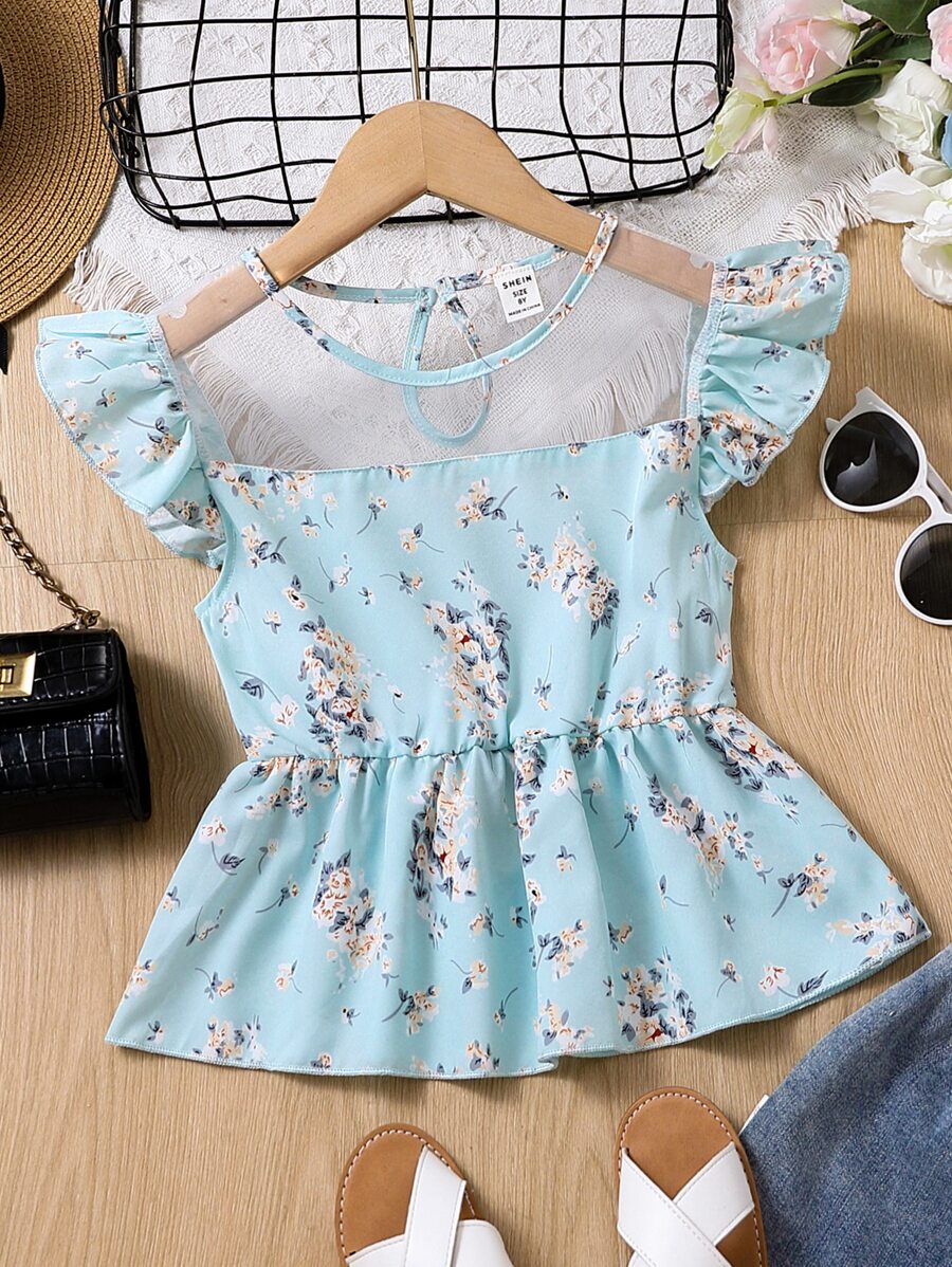 SHEIN Girls Floral Print Butterfly Sleeve Peplum Blouse - Blue - View 1