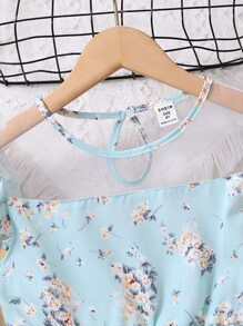 SHEIN Girls Floral Print Butterfly Sleeve Peplum Blouse - Blue - View 3