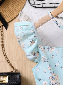 SHEIN Girls Floral Print Butterfly Sleeve Peplum Blouse - Blue - View 4