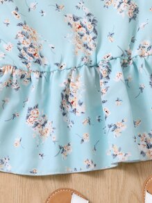 SHEIN Girls Floral Print Butterfly Sleeve Peplum Blouse - Blue - View 5