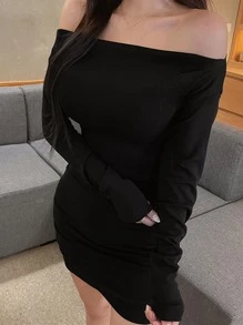 DAZY Đầm ôm body Bardot trơn, Đầm ngắn hở vai - màu đen - Xem 7