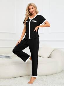 Bộ đồ giản dị Nữ Túi Tương phản ràng buộc Nút phía trước Khối Màu Giải trí - màu đen - Xem 3