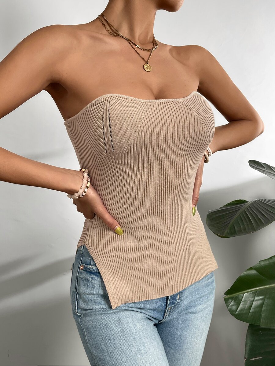 Zolique Solid Split Hem Ribbed Knit Tube Top - Khaki - View 1