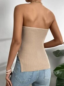Zolique Solid Split Hem Ribbed Knit Tube Top - Khaki - View 2