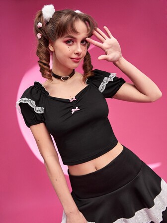 تي شيرت دانتيل متباين اللون ثنية