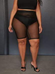 SHEIN CURVE+ Plus High Waist Mesh Cycling Shorts - Black - View 2