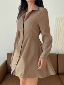 DAZY 素色後綁帶襯衫連衣裙 - 卡其色 - 查看 5