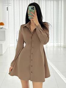 DAZY 素色後綁帶襯衫連衣裙 - 卡其色 - 查看 7