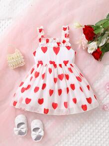 Bebé Vestido de tirantes con estampado de corazón ribete con fruncido - Rojo y blanco - Ver 1