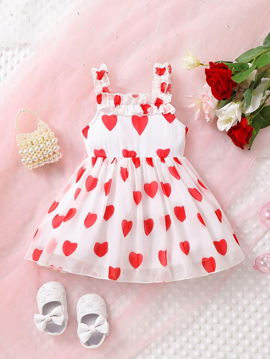 Bebé Vestido de tirantes con estampado de corazón ribete con fruncido - Rojo y blanco - Ver 1
