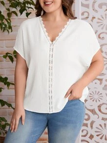 SHEIN LUNE Blusa panel con encaje de manga murciélago - Blanco - Ver 3