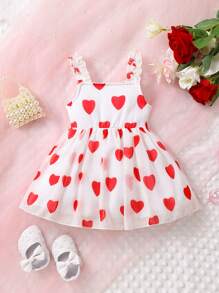 Bebé Vestido de tirantes con estampado de corazón ribete con fruncido - Rojo y blanco - Ver 2