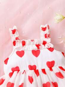 Bebé Vestido de tirantes con estampado de corazón ribete con fruncido - Rojo y blanco - Ver 3