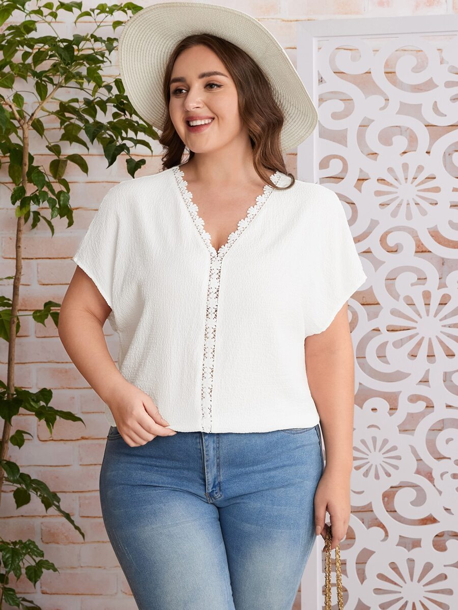 SHEIN LUNE Blusa panel con encaje de manga murciélago - Blanco - Ver 1