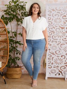 SHEIN LUNE Blusa panel con encaje de manga murciélago - Blanco - Ver 6