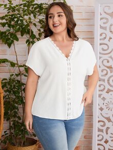 SHEIN LUNE Blusa panel con encaje de manga murciélago - Blanco - Ver 4
