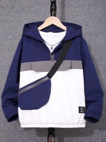 Boys Colour Block Letter Patched Detail Zipper Hooded Jacket & Bag - Blue and White - View 1