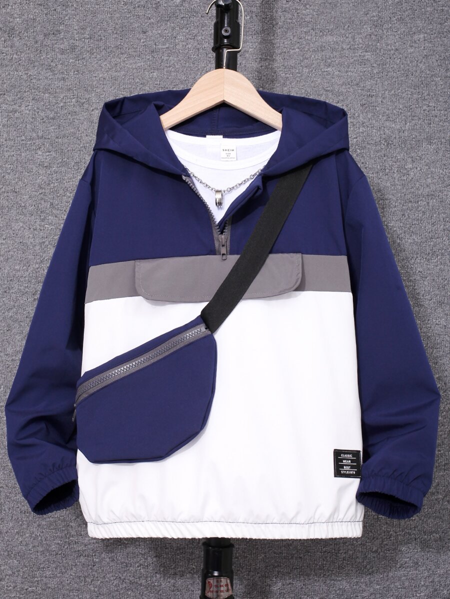 Boys Colour Block Letter Patched Detail Zipper Hooded Jacket & Bag - Blue and White - View 1
