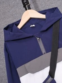 Boys Colour Block Letter Patched Detail Zipper Hooded Jacket & Bag - Blue and White - View 3