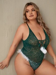 Plus Floral Lace Plunge Teddy Bodysuit - Dark Green - View 4