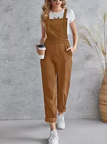 SHEIN LUNE Frill Trim Pocket Front Cord Overalls - Coffee Brown - View 1