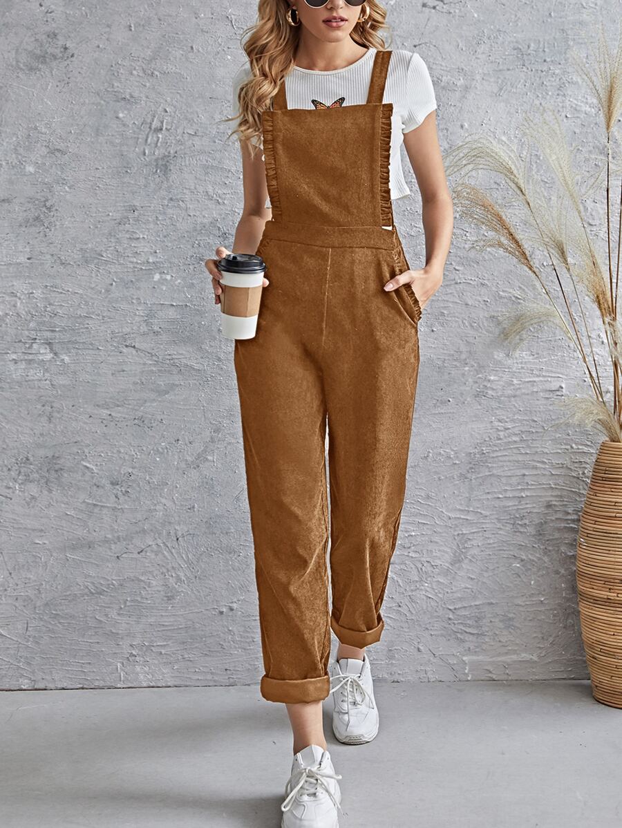 SHEIN LUNE Frill Trim Pocket Front Cord Overalls - Coffee Brown - View 1