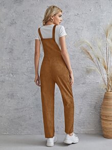 SHEIN LUNE Frill Trim Pocket Front Cord Overalls - Coffee Brown - View 2