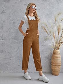 SHEIN LUNE Frill Trim Pocket Front Cord Overalls - Coffee Brown - View 3