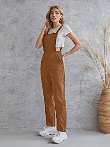 SHEIN LUNE Frill Trim Pocket Front Cord Overalls - Coffee Brown - View 4