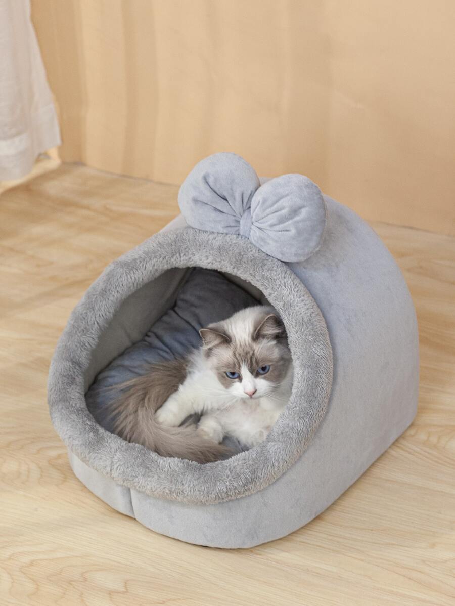 1pc Bow Decor Plush Pet Bed Puppy Keep Dog Bed Cat Bed Easy To Clean - Grey - View 1