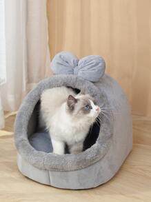 1pc Bow Decor Plush Pet Bed Puppy Keep Dog Bed Cat Bed Easy To Clean - Grey - View 3