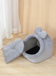 1pc Bow Decor Plush Pet Bed Puppy Keep Dog Bed Cat Bed Easy To Clean - Grey - View 5