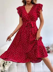 SHEIN VCAY Vestido con cinturón con estampado de corazón ribete con fruncido - Rojo - Ver 1