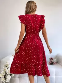 SHEIN VCAY Vestido con cinturón con estampado de corazón ribete con fruncido - Rojo - Ver 2