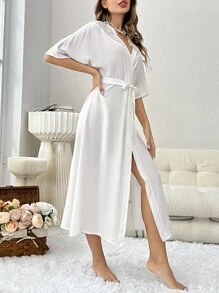 Bata con cinturón con encaje en contraste de manga murciélago - Blanco - Ver 3