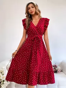 SHEIN VCAY Vestido con cinturón con estampado de corazón ribete con fruncido - Rojo - Ver 3