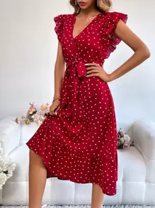 SHEIN VCAY Vestido con cinturón con estampado de corazón ribete con fruncido - Rojo - Ver 6