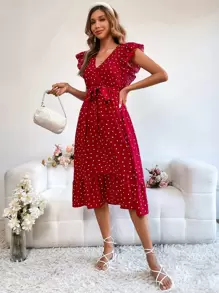 SHEIN VCAY Vestido con cinturón con estampado de corazón ribete con fruncido - Rojo - Ver 7