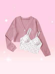ROMWE Kawaii Bộ đồ hai mảnh nữ Nút Tương phản ren Nút phía trước Họa tiết hoa Giải trí - Nhiều màu - Xem 1