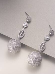 Cubic Zirconia Decor Round Drop Earrings - Silver - View 1