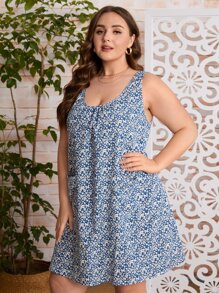 EMERY ROSE Plus Ditsy Floral Print Tank Dress, Summer,Beach Dress Sundress,Holiday Outfits Boho,Flower/Vacation/Spring - Blue and White - View 3