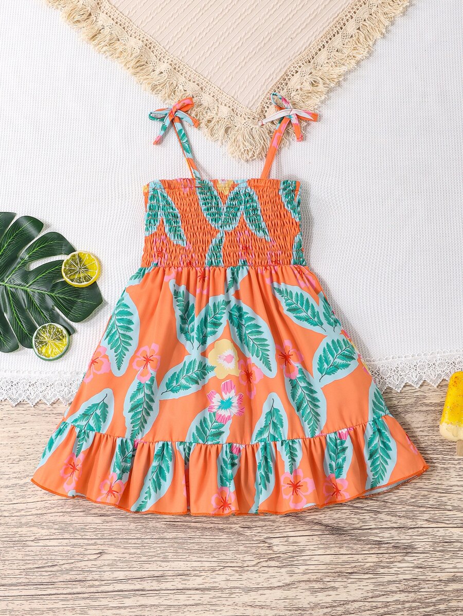 小女童熱帶圖案荷葉邊吊帶連衣裙 - 橘色 - 查看 1