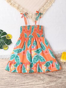 小女童熱帶圖案荷葉邊吊帶連衣裙 - 橘色 - 查看 2
