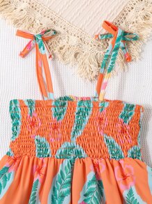 小女童熱帶圖案荷葉邊吊帶連衣裙 - 橘色 - 查看 6