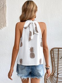 SHEIN VCAY Pineapple Print Tie Back Blouse - White - View 2