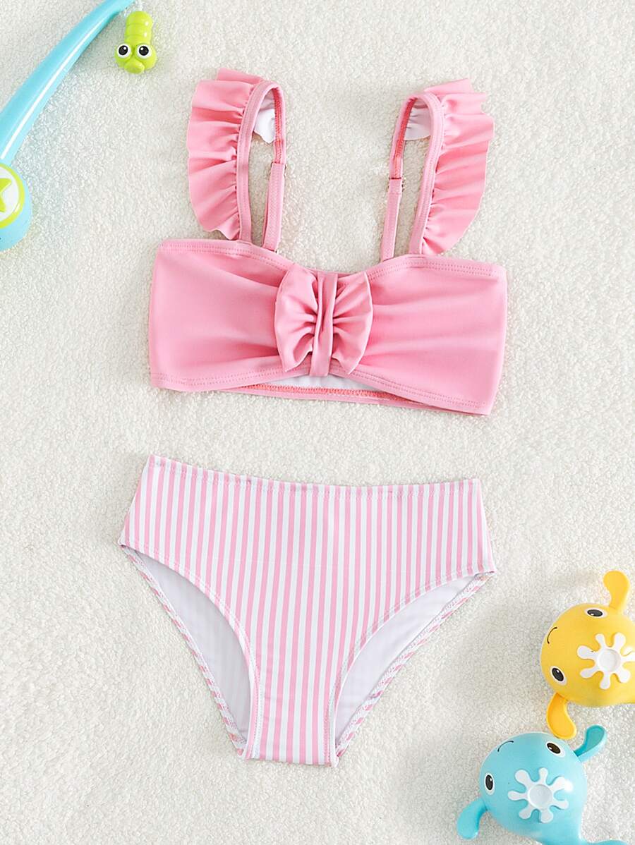 Young Girl Striped Ruffle Trim Bow Front Bikini Set Summer Beach - Pink - View 1