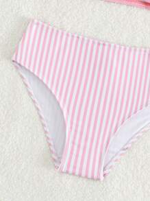 Young Girl Striped Ruffle Trim Bow Front Bikini Set Summer Beach - Pink - View 3