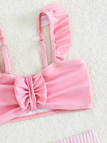 Young Girl Striped Ruffle Trim Bow Front Bikini Set Summer Beach - Pink - View 4
